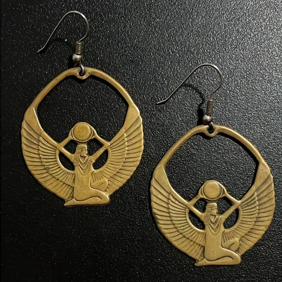 Vintage Art Deco Gold Brass Egyptian Goddess Eye Of Isis Deity Earrings - Picture 8 of 13